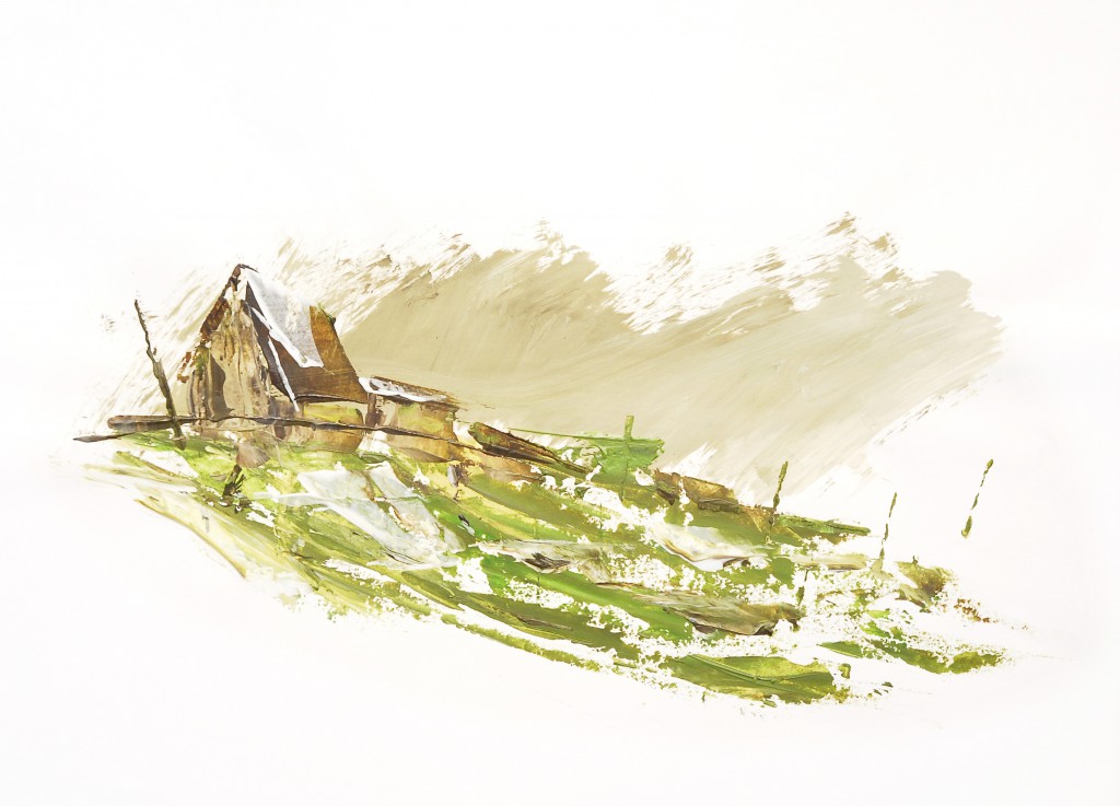 Farbskizze von einem Haus mit grüner Landschaft
